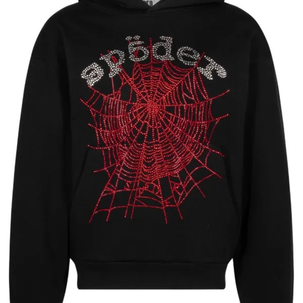 Sp5der Black Red Rhinestone OG Web V2 Hoodie